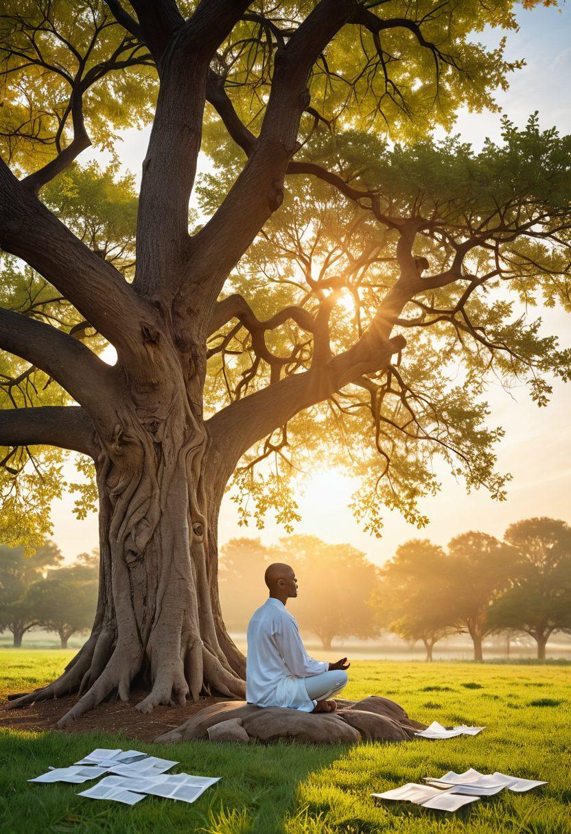 A serene landscape depicting a peaceful person meditating under a tree, surrounded by symbols of financial security such as shields, coins, and insurance papers floating gently around them. In the background, a bright sunrise symbolizes hope and new beginnings. The colors are calming yet vibrant, promoting tranquility and optimism. super-realistic. vibrant colors. soft focus.