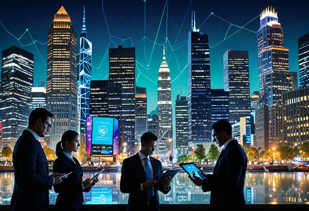 A modern city skyline reflecting financial growth, with a prominent insurance building symbolized by a large shield. In the foreground, dynamic characters engage in activities such as checking stock markets and counting cash. Incorporate elements like graphs and dollar signs floating around to illustrate smart financial strategies. The scene should convey a sense of urgency and optimism. vibrant colors. super-realistic.