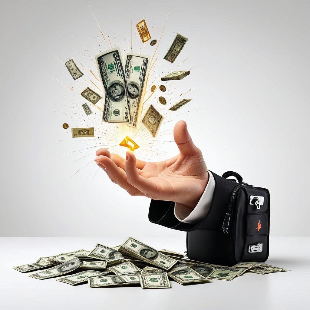 A dynamic scene featuring a hand reaching for a stack of cash with various emergency symbols like lightning bolts, a clock, and a first-aid kit in the background. The colors should be bold and vibrant, emphasizing a sense of urgency and relief. The cash should be bright and eye-catching, symbolizing fast solutions. Include subtle hints of technology, like digital currency icons, to represent modern financial solutions. super-realistic. vibrant colors. white background.